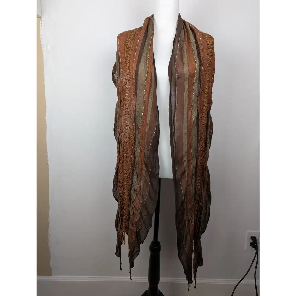 Boho Brown Scarf/Wrap scattered sequins fringe rayon blend 98